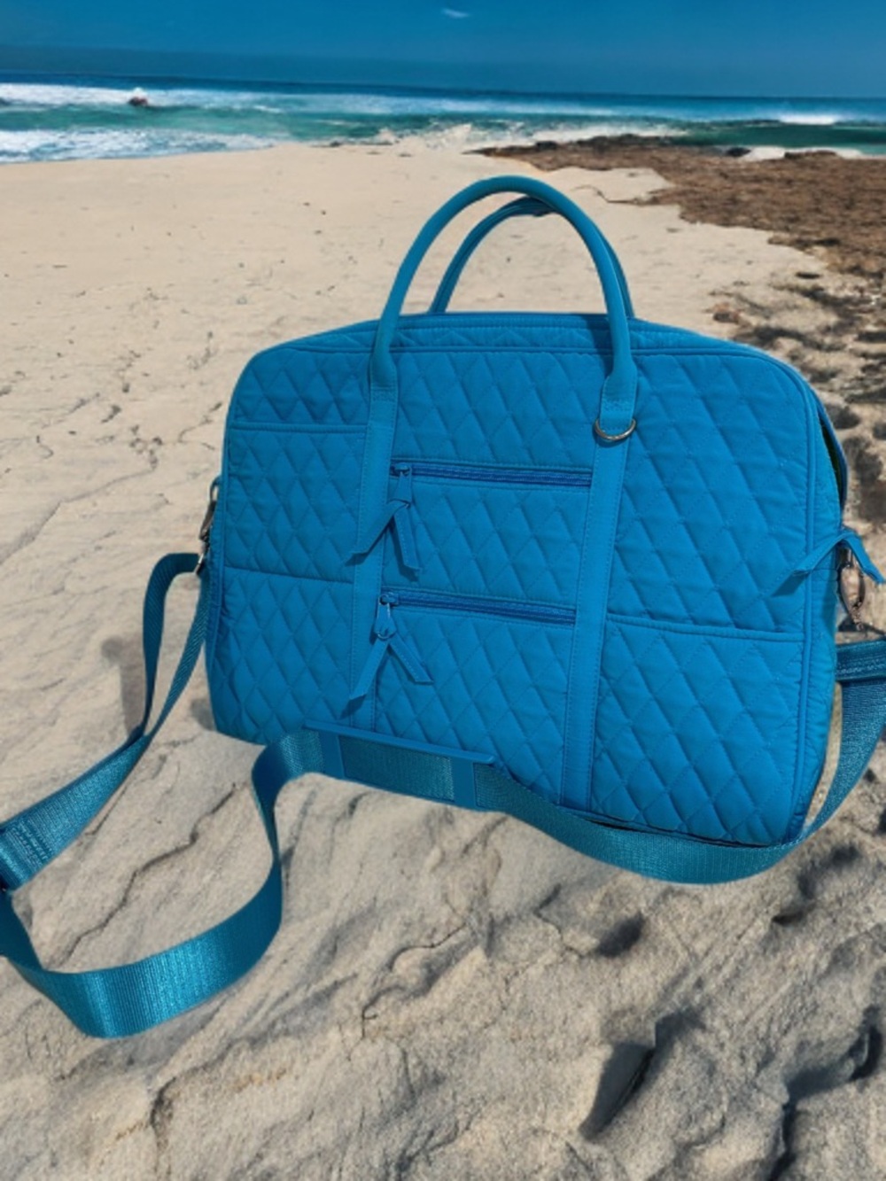 Vera Bradley Large Laptop Bag Microfiber Quilted Blue Travel Tote Aqua Turquoise